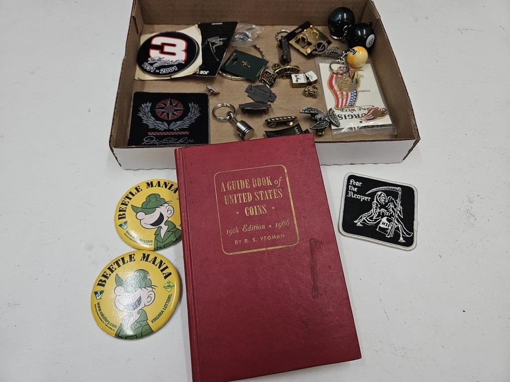 Lot of Smalls Harley Davidson Pins, Coin Book +