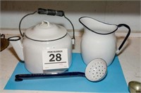 White enamel kettle, pitcher, strainer - 8" t