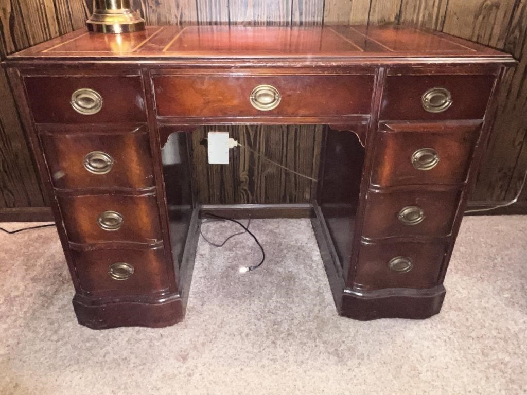 Vintage Kneehole Wooden Desk w/ Leather Top
