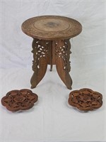 Folding Carved Wood Stool and Trivets