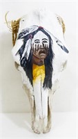 Hand Painted Native American Cow Skull, Signed