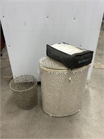 Laundry basket and small trash can and shower