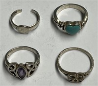 (4) Silver Colored Rings, 3 Marked .925, Heart