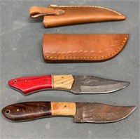 Two Damascus Knives & Leather Sheaths