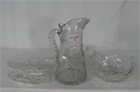 4 Cut Glass PCS. And 11" Pitcher W/ Etched Flowers