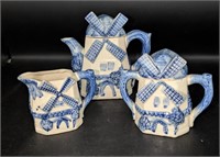 Vtg. Blue & White Windmill Teapot, Creamer & Sugar