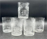 Lot Of 7 Frosted Monogrammed Glasses