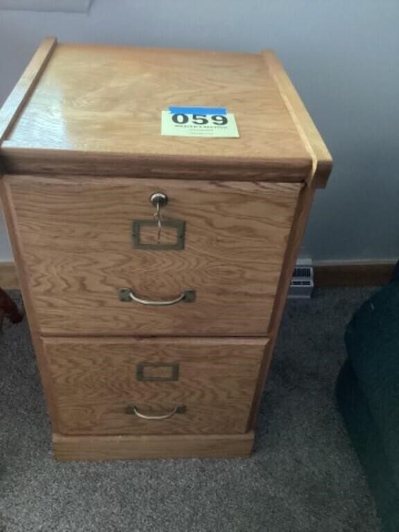 Two drawer wooden file cabinet with key