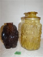 Wise Old Owl Glass Bank, Vintage Amber Glass Can