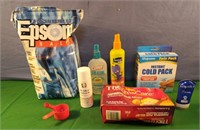 Bathroom supplies including Epson Salt, therma