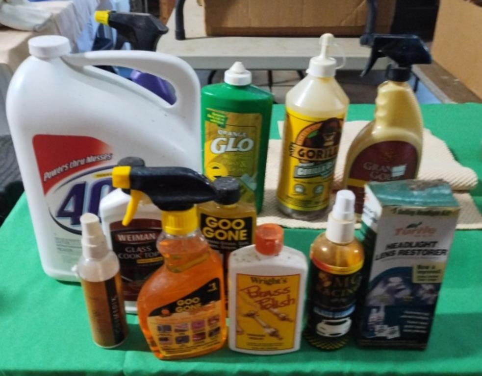 Cleaning supplies. Some opened