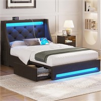 (READ)Twin Bed Frame with LED  Drawers  Dark Gray