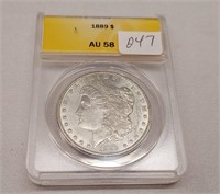 1889 Silver Dollar ANACS AU 58