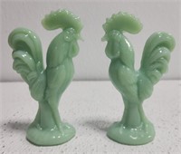 Pair of decorative green Jadeite glass roosters