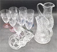 (H) Various crystal pitchers, drinkware, basket.