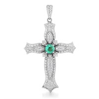 14K WHITE GOLD 3.00CT EMERALD 3.00CT DIAMOND CROSS