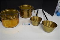 Two Brass Colored Cooking Pots & Two Dippers