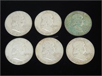 Six Silver Franklin Half Dollars