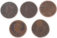 CORONET HEAD LARGE CENT U.S. COINS - LOT OF 5