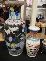 24" high floor vase, 14 1/2" vase, both decorated