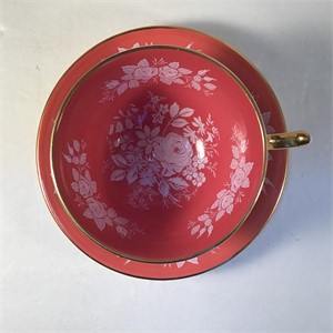 AYNSLEY TEACUP & SAUCER LACE DEEP CORAL