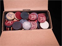 Box of vintage Bakelite poker chips, some with