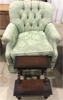 Green Floral Upholstered Arm Chair w/ Solid Wood