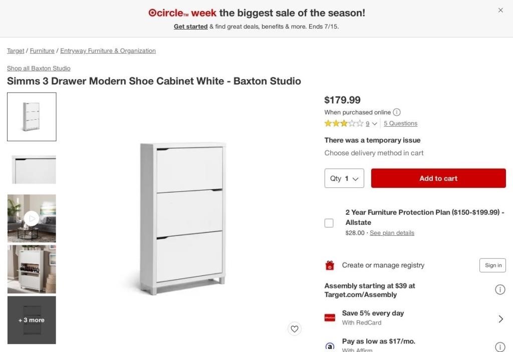 W8568  Baxton Studio 3-Drawer Shoe Cabinet White