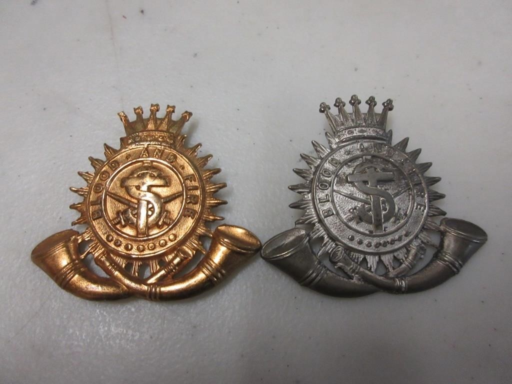 2-WWII BLOOD & FIRE MILITARY HAT BADGES