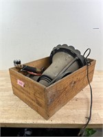 Wood crate with lamp and some tools