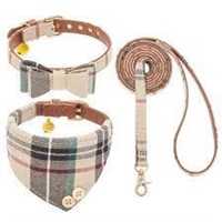 Sz XS For Pets Cream Plaid Collar/Leash Set A5