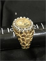 10K GOLD NUGGET RING W/ DIAMONDS INDIAN COIN