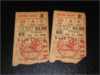 2 1948 NY Yankee Ticket Stubs Side By Side