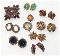 Vintage Jeweled Earrings, Brooch