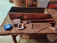 Copper tray, tape measures, leather sheath