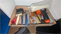 Assorted hand tools, paint brush, c clamps