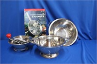 Emanuel food mill and two stainless colanders