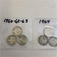 SILVER Roosevelt Dime Lot x 6 1960-1964