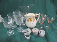 5 Olive & Cross wine glasses, watch pitcher,