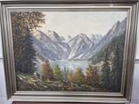 framed art, mountain and lake scene, by E. Rudolph