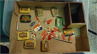 Vtg tins, pins and old wood box
