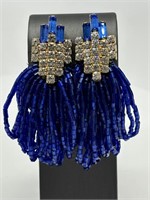 Vintage Blue Sequin & Rhinestone Earrings