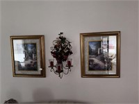 2 FRAMED PAINTINGS AND WALL SCONCE