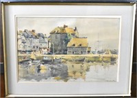 WATERFRONT SCENE, WATERCOLOR ON PAPER, SIGNED