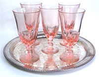 Five Pink Tiffin Goblets & Silverplate Salver