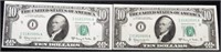 (2) 1963 $10 Bills Consecutive Serial Numbers