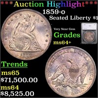 1859-o Seated Liberty Dollar $1 Graded ms64+ BY SE