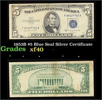 1953B $5 Blue Seal Silver Certificate Grades xf