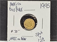 1945 Mexico Gold 2 Pesos Coin .0482 oz