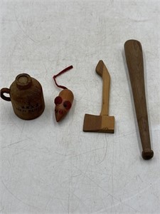 -3 mini wooden pieces, bat ax, and mouse and jug